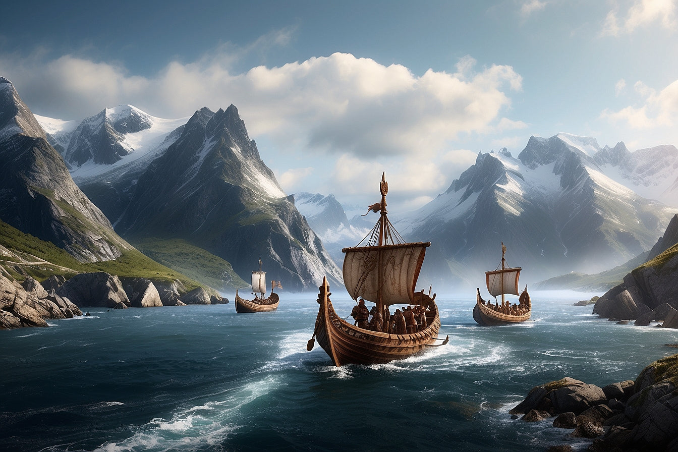 Viking ships leaving Norwegian Fjords