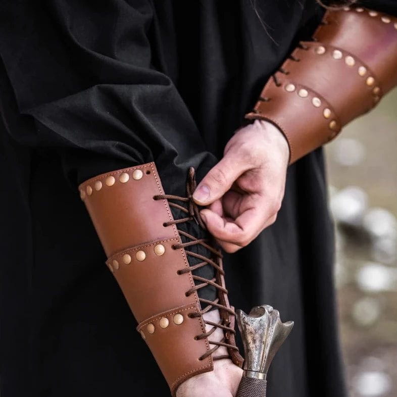 Brown Leather Viking Arm Bracer | Rugged Rivets & Adjustable Straps-4-Viking Warrior
