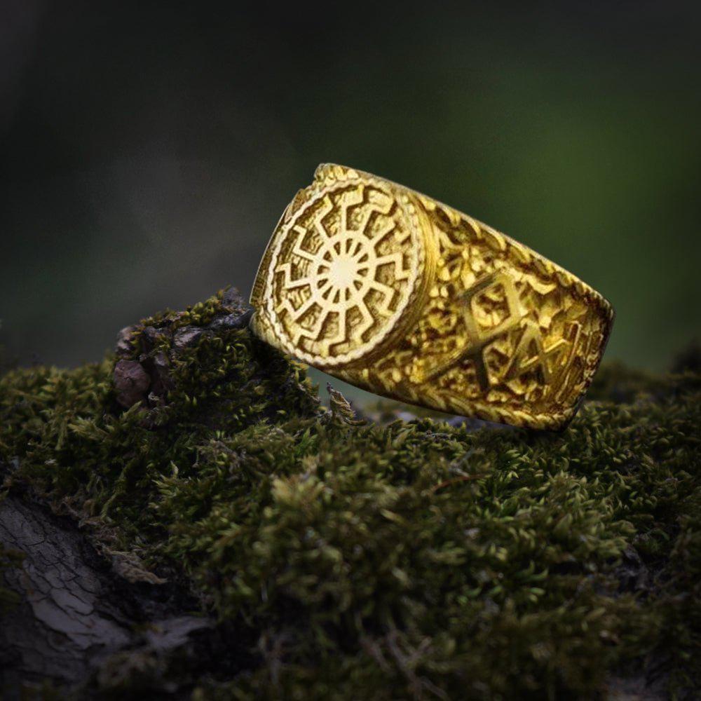 14K Gold Black Sun Ring with HAIL ODIN Runes Viking Jewelry-1