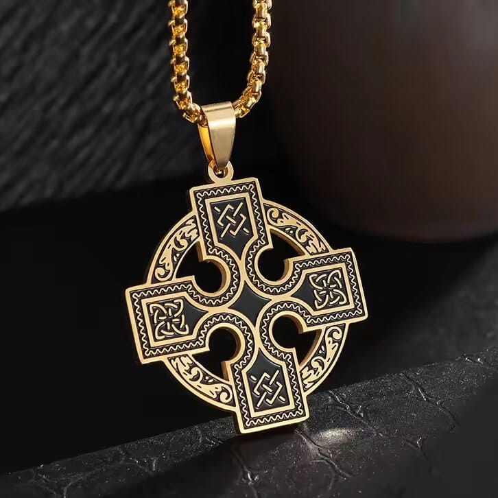 Celtic Cross Pendant Necklace with Runic Knotwork