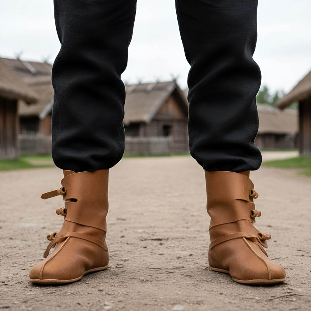 Brown Handmade Leather Viking Shoes worn with black pants on a rustic background