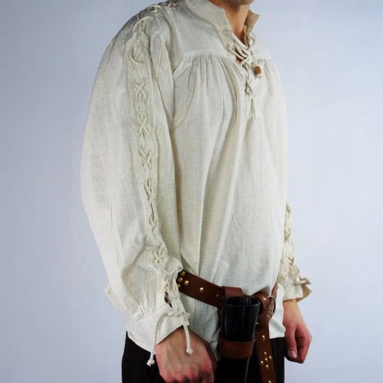 Natural White Stand-Up Collar Lace-Up Shirt | Adjustable Sleeves-3-Viking Warrior