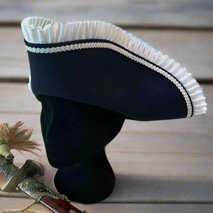 Black Naval Tricorn Hat with white ruffled trim, a Viking-inspired historical accessory.