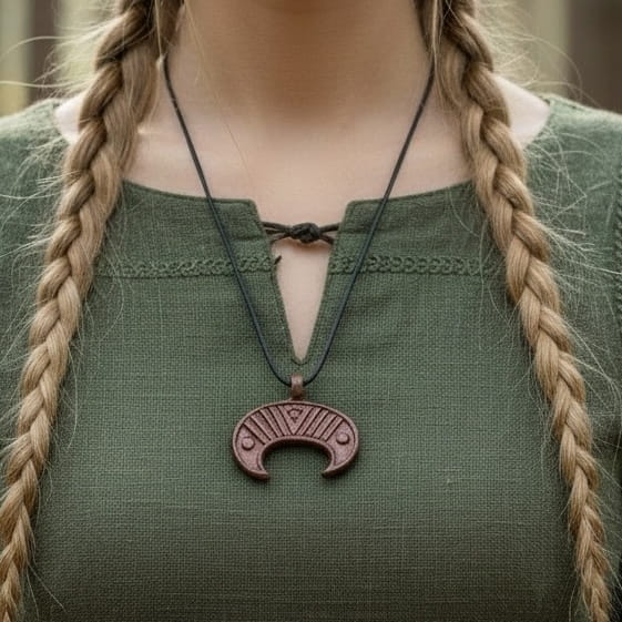 Viking Luna pendant: bronze crescent moon with geometric details on a black cord, worn over a green tunic.