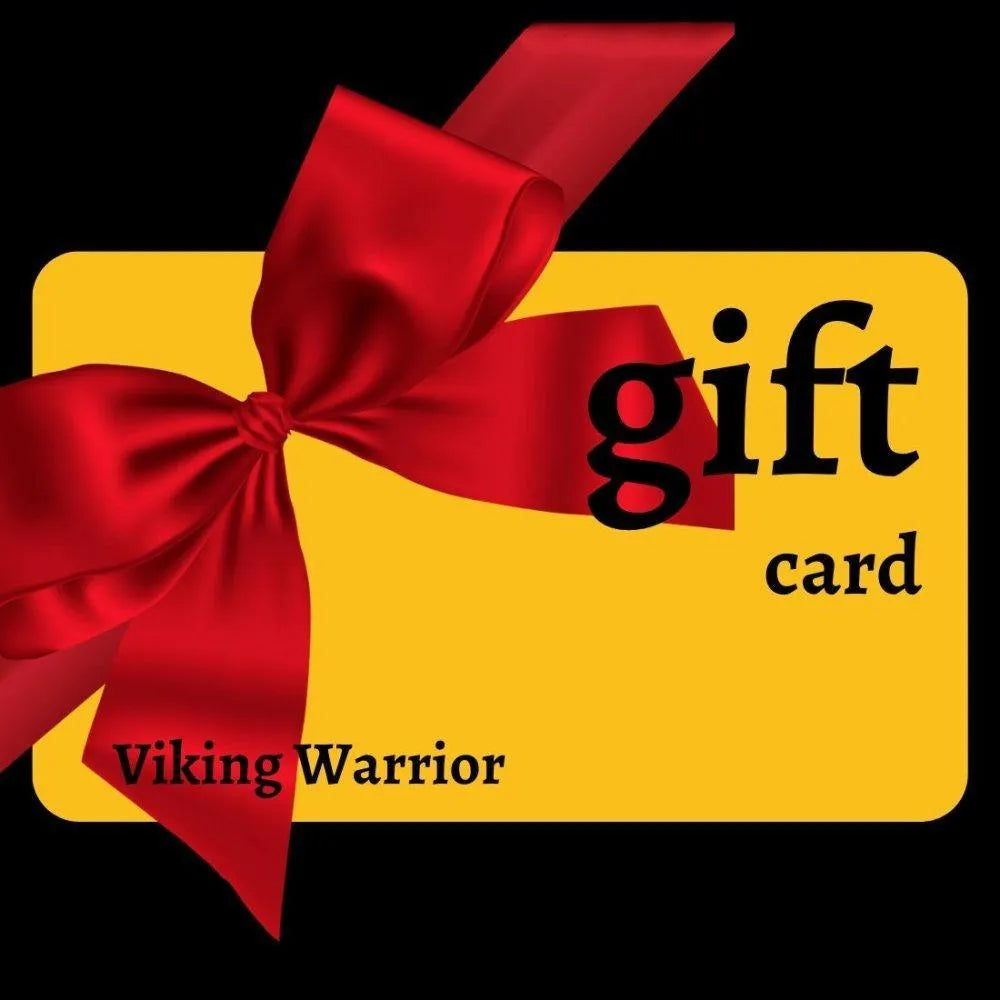 Viking Warrior gift card with a red satin bow on a yellow background.