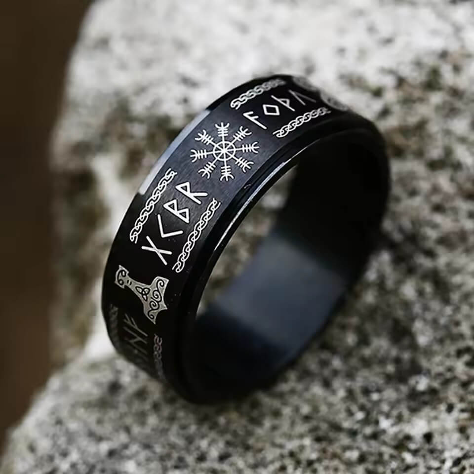 Black Viking Spinner Ring | Valknut, Vegvisir & Runes