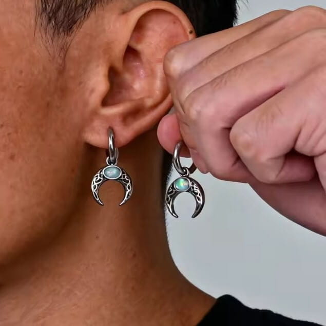 Celtic Crescent Moon Drop Earrings with Blue Opal Stone
