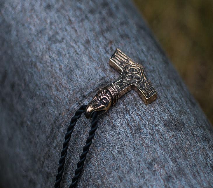 Thor's Hammer Pendant Bronze Mjolnir with Raven-4