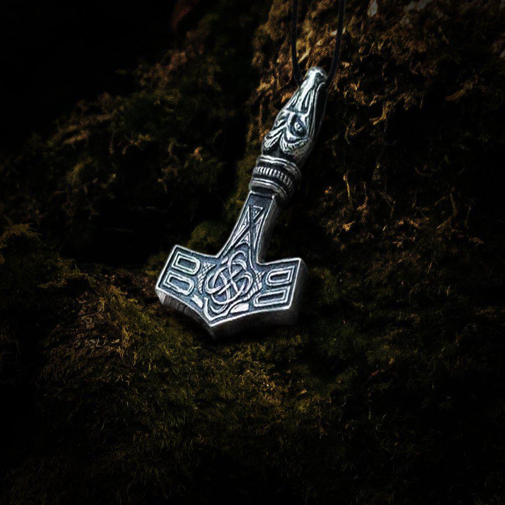 Thor's Hammer Pendant Sterling Silver Mjolnir with Raven-1