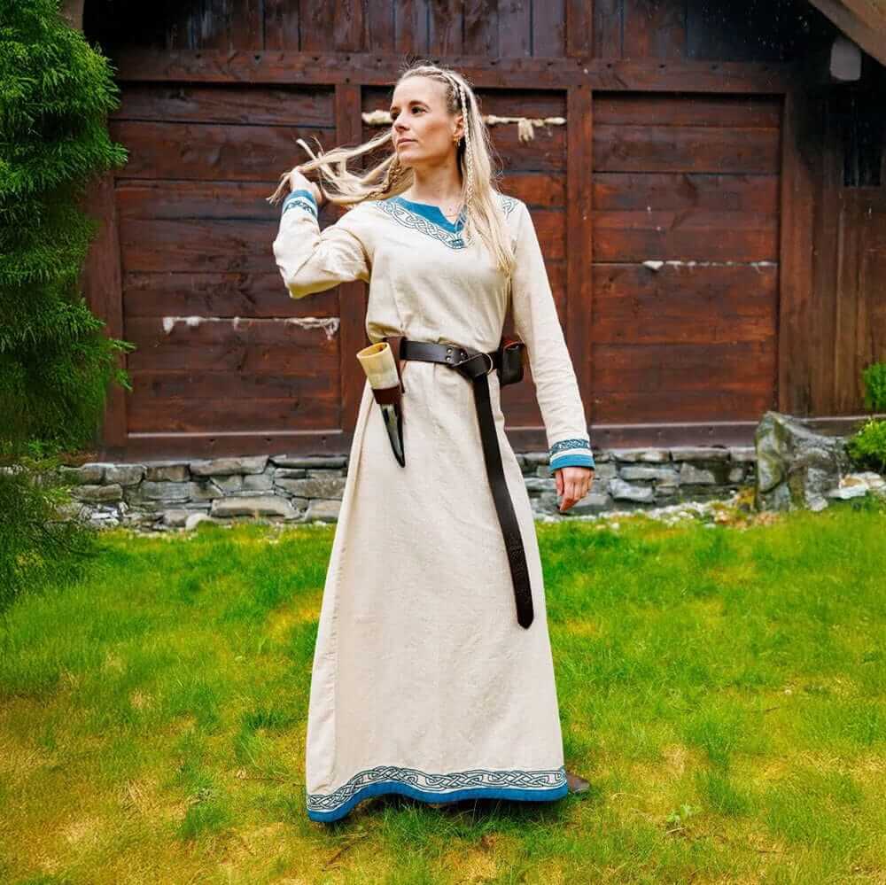 Viking Dress in Natural Cotton with Blue Trim - Elegance Meets Warrior Spirit XL Viking Dress in Natural Cotton with Blue Trim - Elegance Meets Warrior Spirit XL