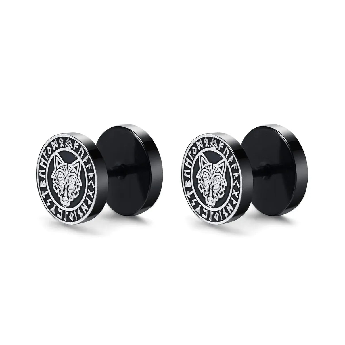 Viking Earrings with Norse Wolf Symbol - Black Studs-2