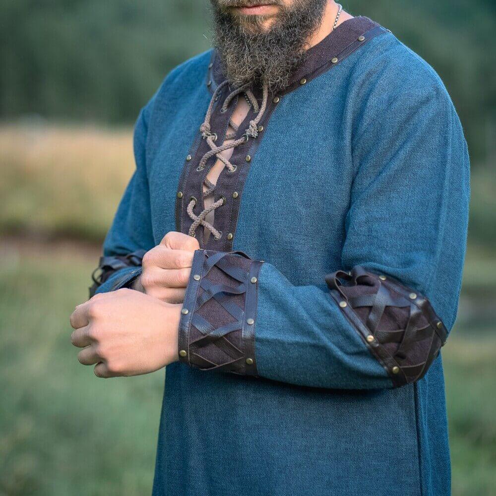 NEW Viking Tunic - Blue with Ornate Leather Trim
