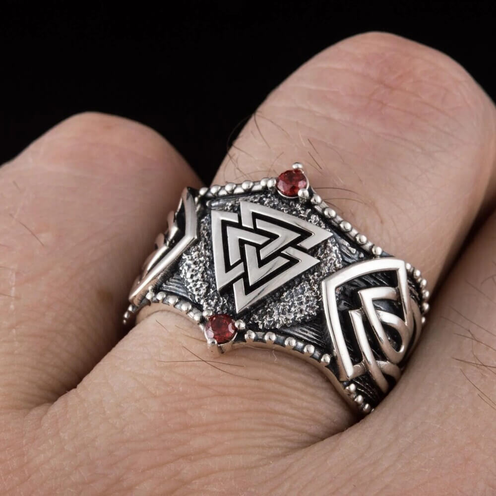 Viking Valknut Silver Ring with Red Stones