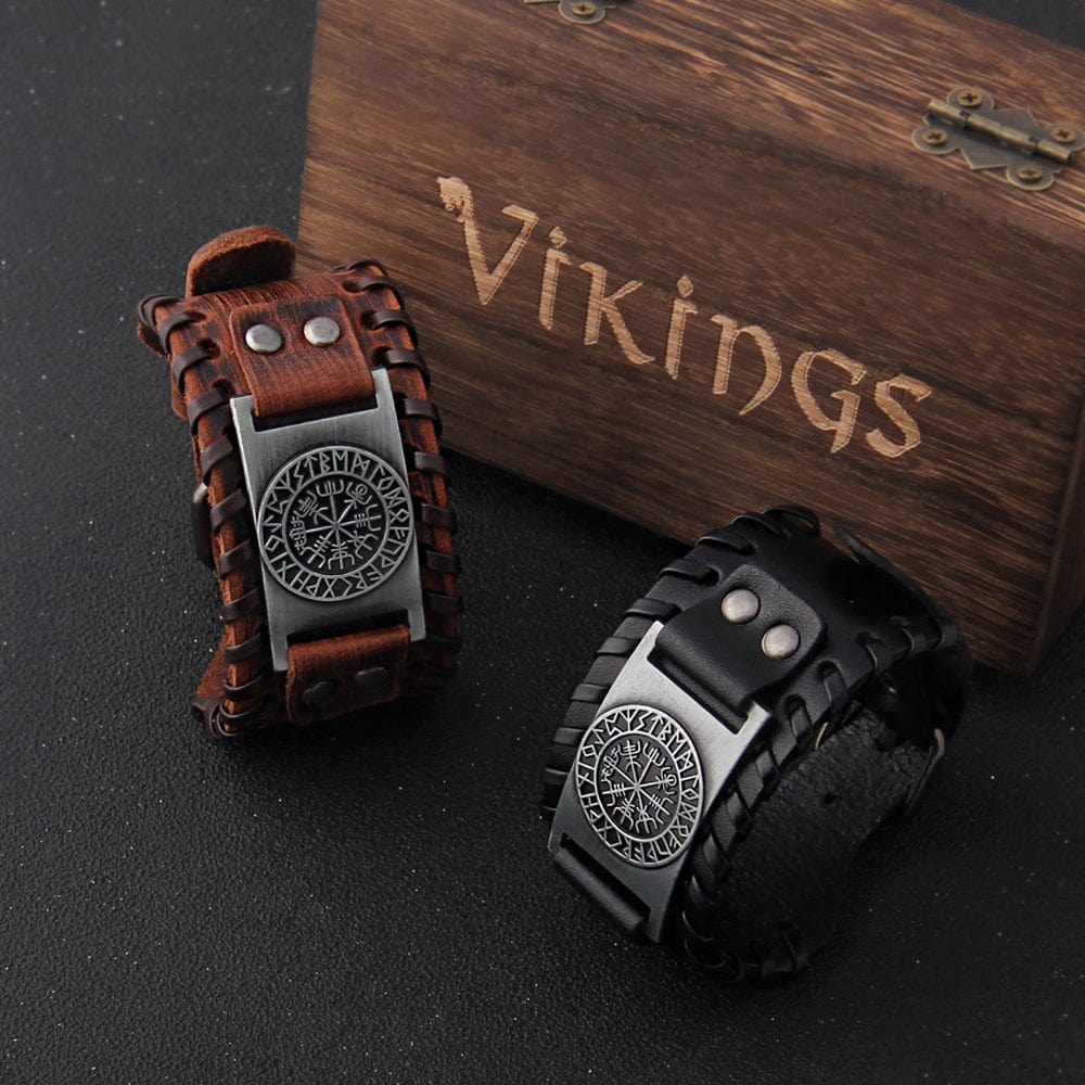 Viking Vegvisir Compass Rune Circle Plate Leather Buckle Cuff Bracelet with box 