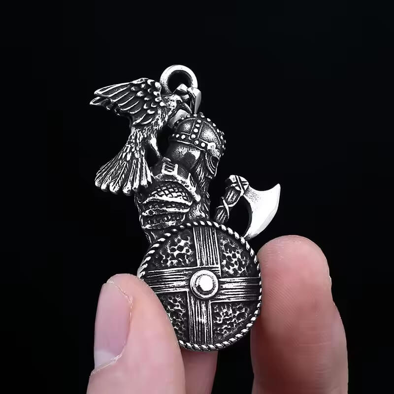 Viking Warrior Pendant Necklace | Raven Axe & Shield