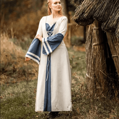 Viking Dress - Long Sleeves in Natural and Blue with Lacing-2-Viking Warrior