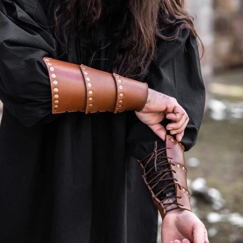 Brown Leather Viking Arm Bracer | Rugged Rivets &amp; Adjustable Straps