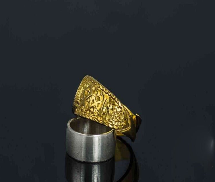14K Gold Black Sun Ring with HAIL ODIN Runes Viking Jewelry-3