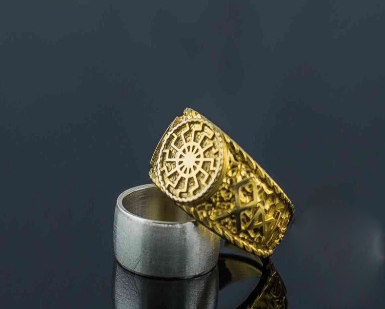 14K Gold Black Sun Ring with HAIL ODIN Runes Viking Jewelry-5