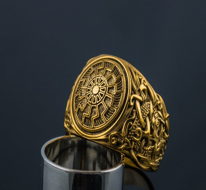 14K Gold Black Sun Ring with Mammen Ornament Viking Jewelry-2