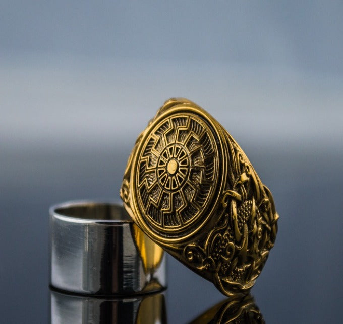 14K Gold Black Sun Ring with Mammen Ornament Viking Jewelry-4
