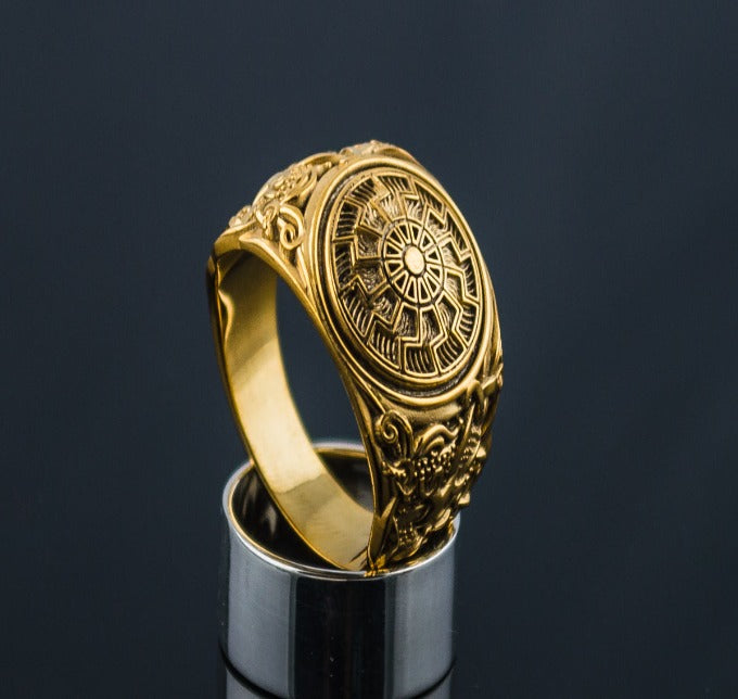 14K Gold Black Sun Ring with Mammen Ornament Viking Jewelry-5