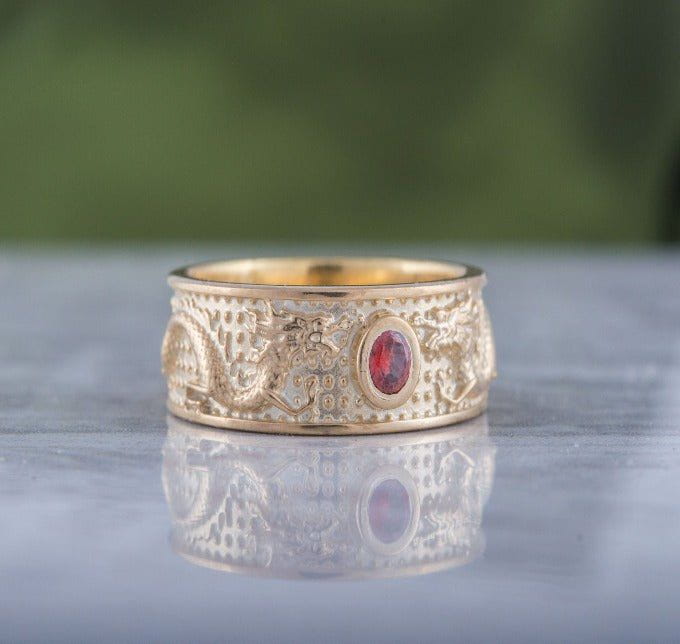 14K Gold Ring with Dragon and Red Cubic Zirconia Jewelry-2