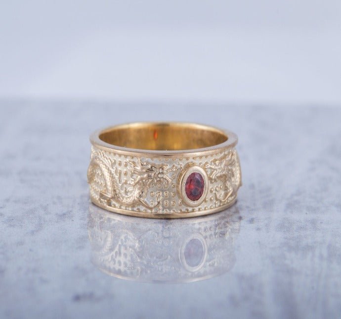 14K Gold Ring with Dragon and Red Cubic Zirconia Jewelry-7