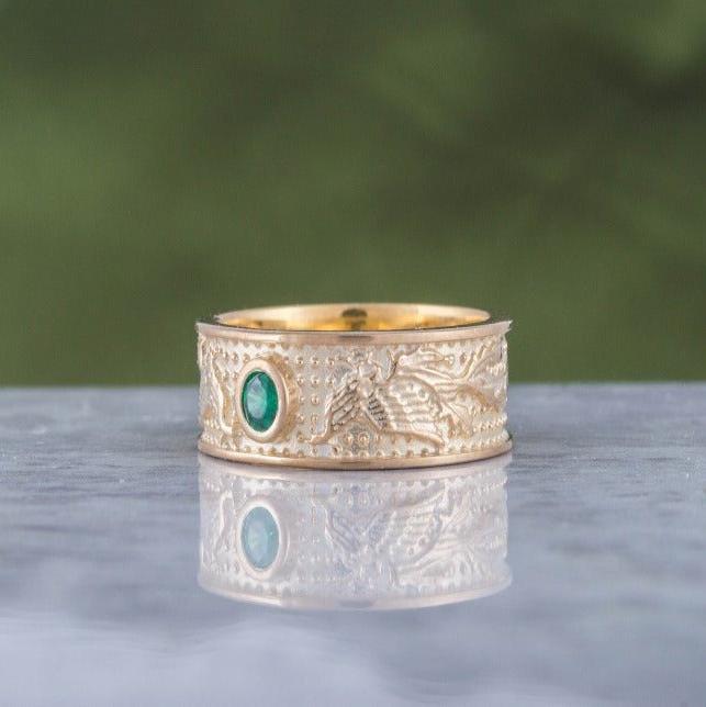 14K Gold Ring with Firebird and Green Cubic Zirconia Jewelry-2