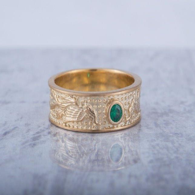 14K Gold Ring with Firebird and Green Cubic Zirconia Jewelry-3
