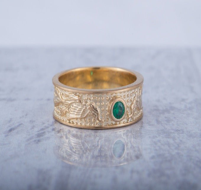 14K Gold Ring with Firebird and Green Cubic Zirconia Jewelry-3