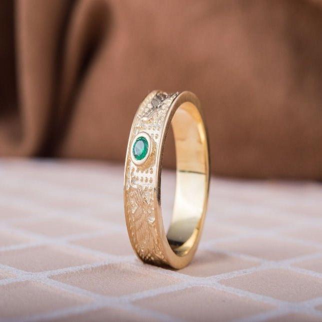 14K Gold Ring with Firebird and Green Cubic Zirconia Jewelry-4