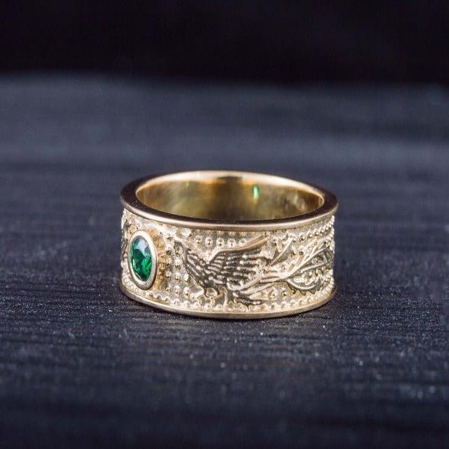 14K Gold Ring with Firebird and Green Cubic Zirconia Jewelry-5