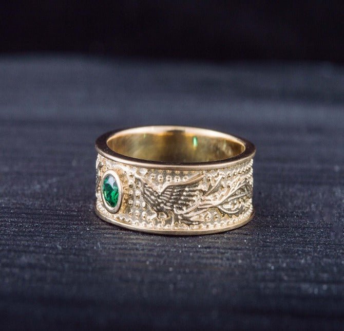 14K Gold Ring with Firebird and Green Cubic Zirconia Jewelry-5