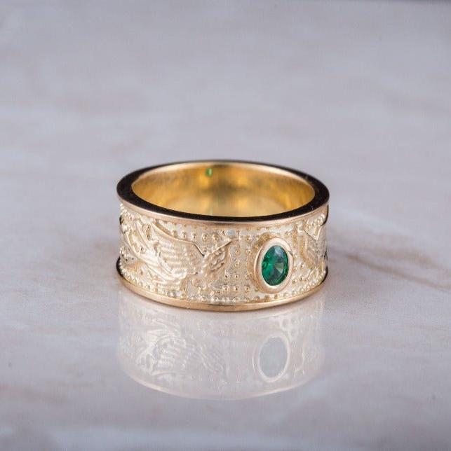 14K Gold Ring with Firebird and Green Cubic Zirconia Jewelry-6