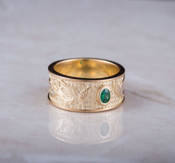 14K Gold Ring with Firebird and Green Cubic Zirconia Jewelry-6