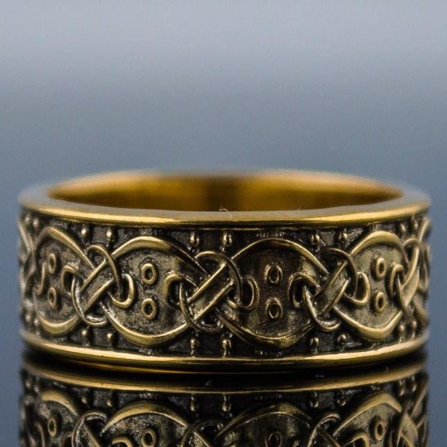 14K Gold Viking Ring with Scandinavian Ornament Unique Jewelry-2