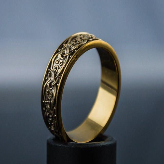 14K Gold Viking Ring with Scandinavian Ornament Unique Jewelry-3