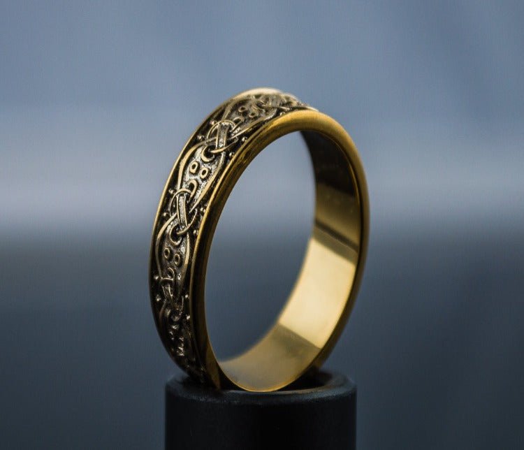 14K Gold Viking Ring with Scandinavian Ornament Unique Jewelry-3