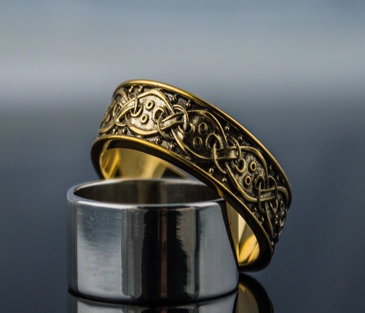 14K Gold Viking Ring with Scandinavian Ornament Unique Jewelry-4