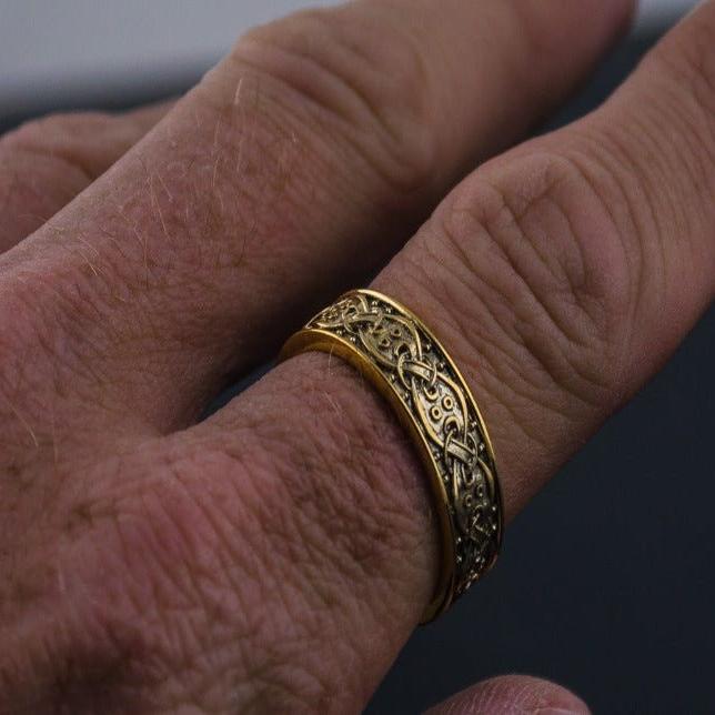 14K Gold Viking Ring with Scandinavian Ornament Unique Jewelry-7