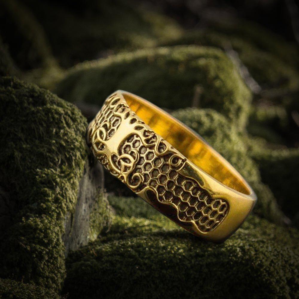 Yggdrasil Honeycomb Viking Ring Handcrafted 14K Gold