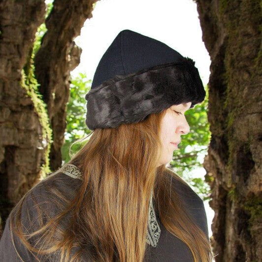 Black Cotton Viking Cap with Fur Trim | Norse Reenactment Gear
