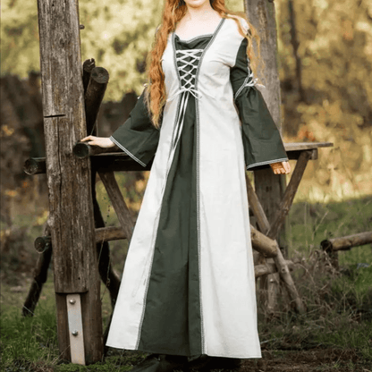 Viking Dress With Laces - Natural and Green Dress with Border-1-Viking Warrior