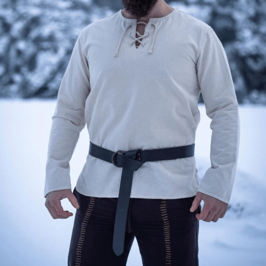 Natural Cotton Viking Tunic | Long Sleeves, Lace-Up Collar