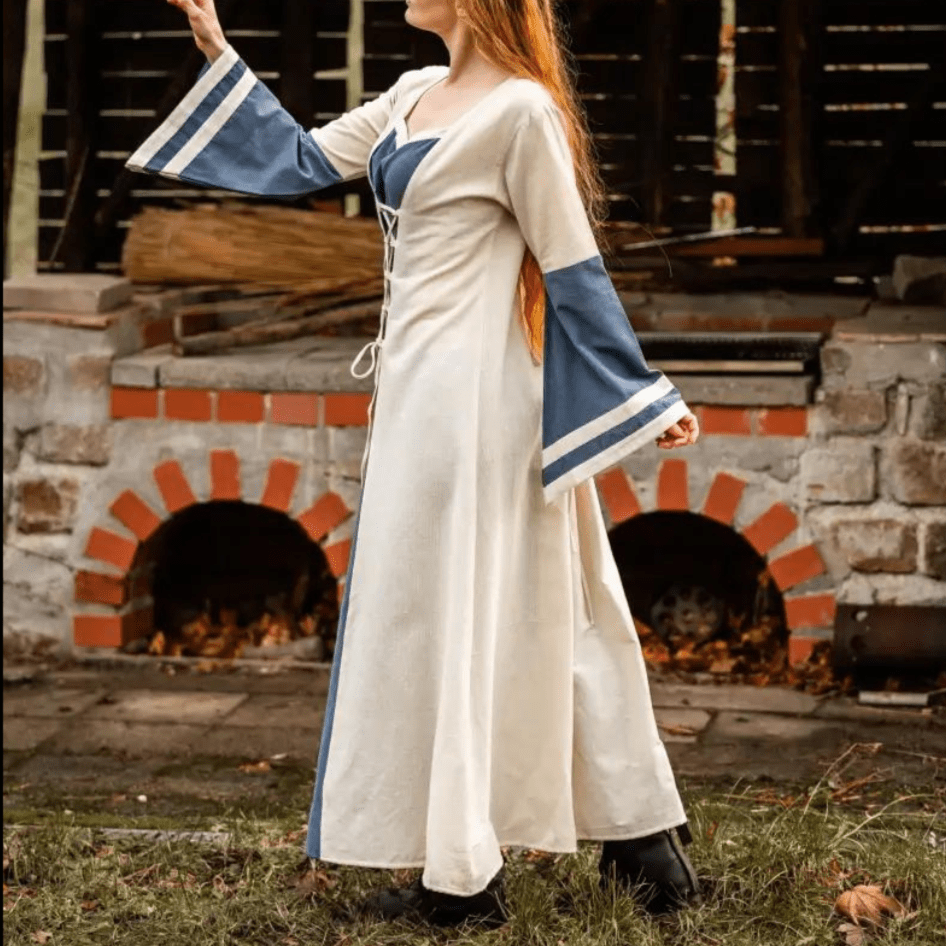 Viking Dress - Long Sleeves in Natural and Blue with Lacing