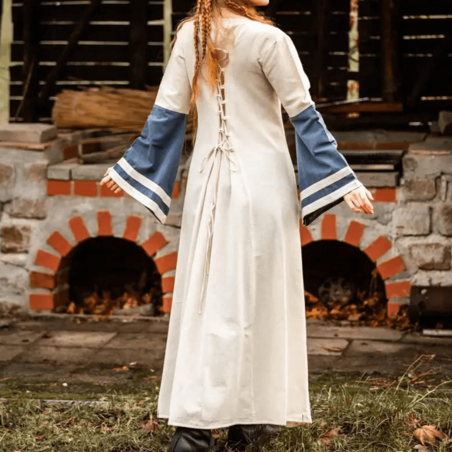 Viking Dress - Long Sleeves in Natural and Blue with Lacing