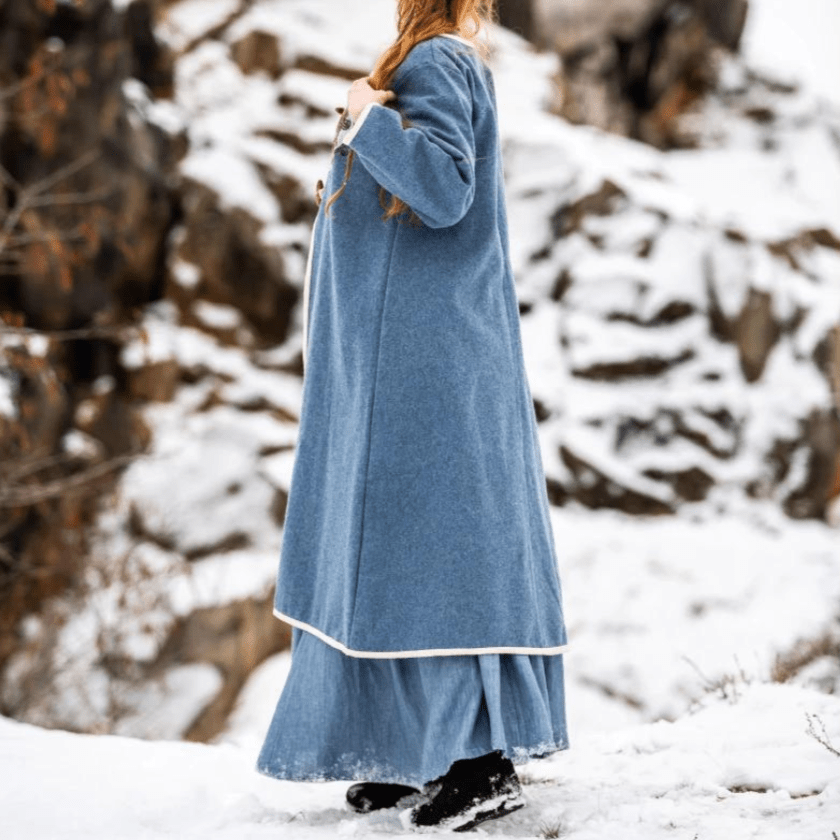 Women&#39;s Blue Wool Viking-Inspired Coat | Urnes Embroidery