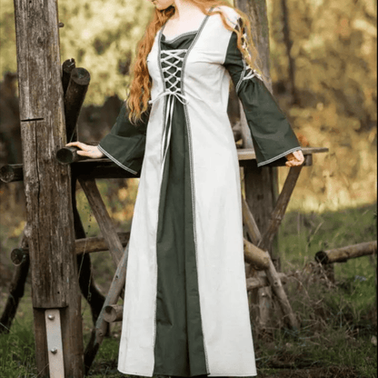 Viking Dress With Laces - Natural and Green Dress with Border-6-Viking Warrior