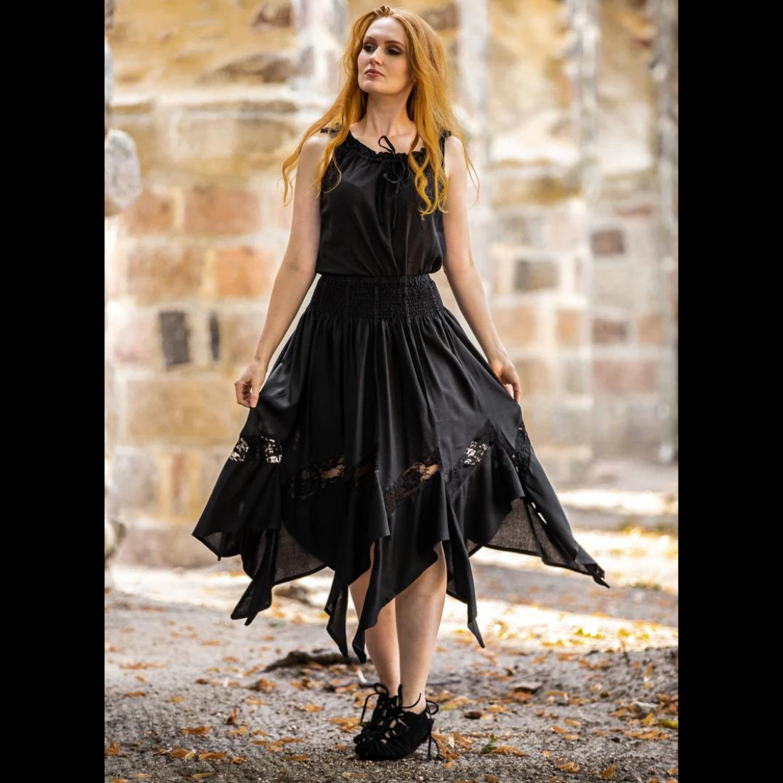 Black Viking Skirt | Flowing Silhouette with Lace Detailing